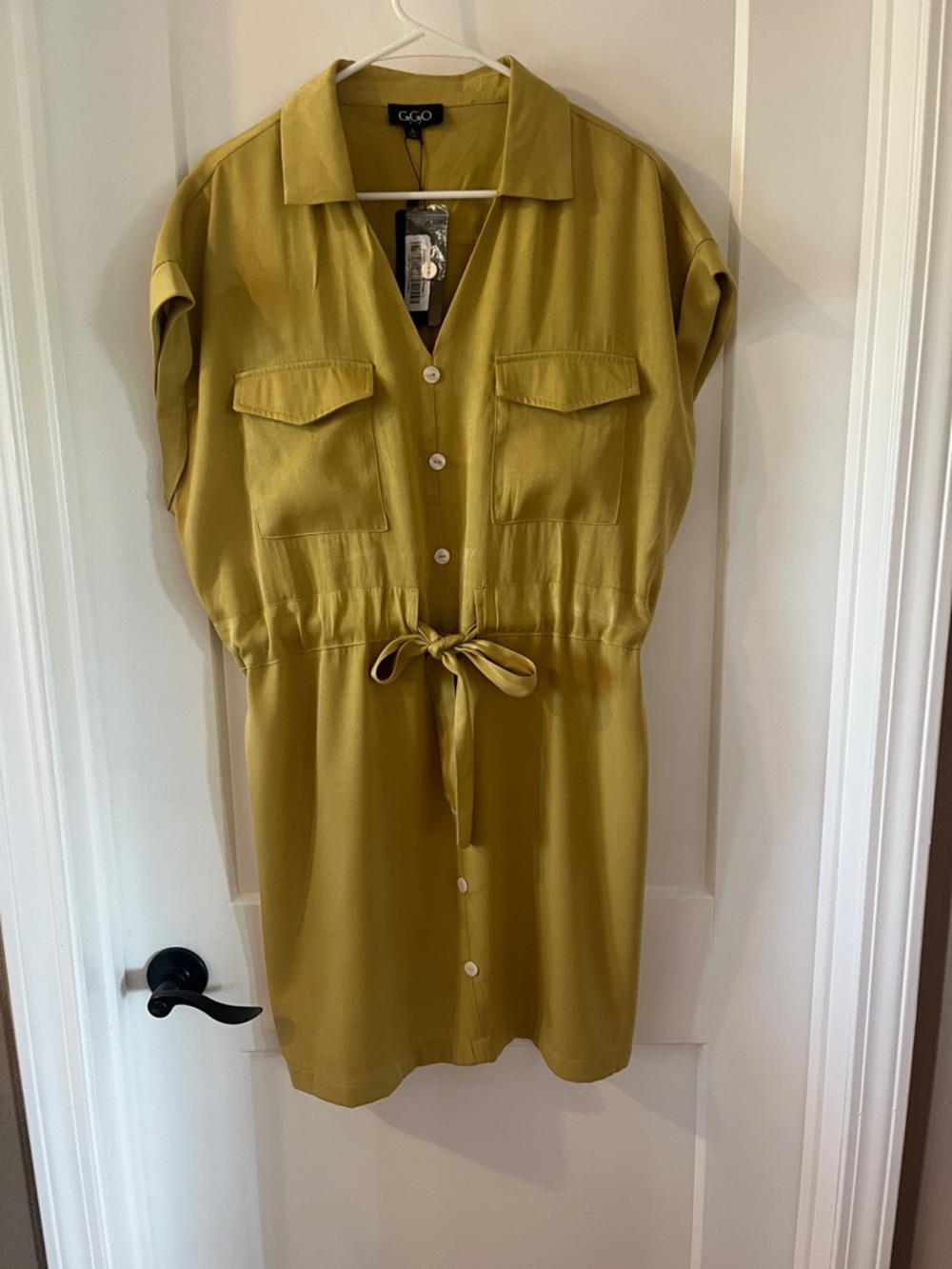 GGO Olive Green Button-Front Drawstring Mini Dress